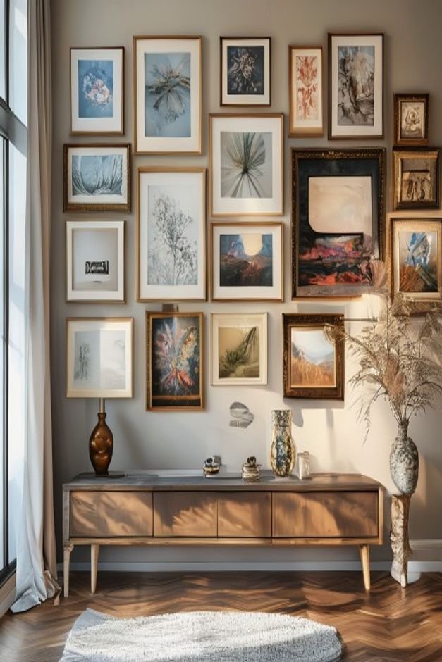 A gallery wall featuring a mix of framed art and photography in various sizes meticulously arranged above a console tabl