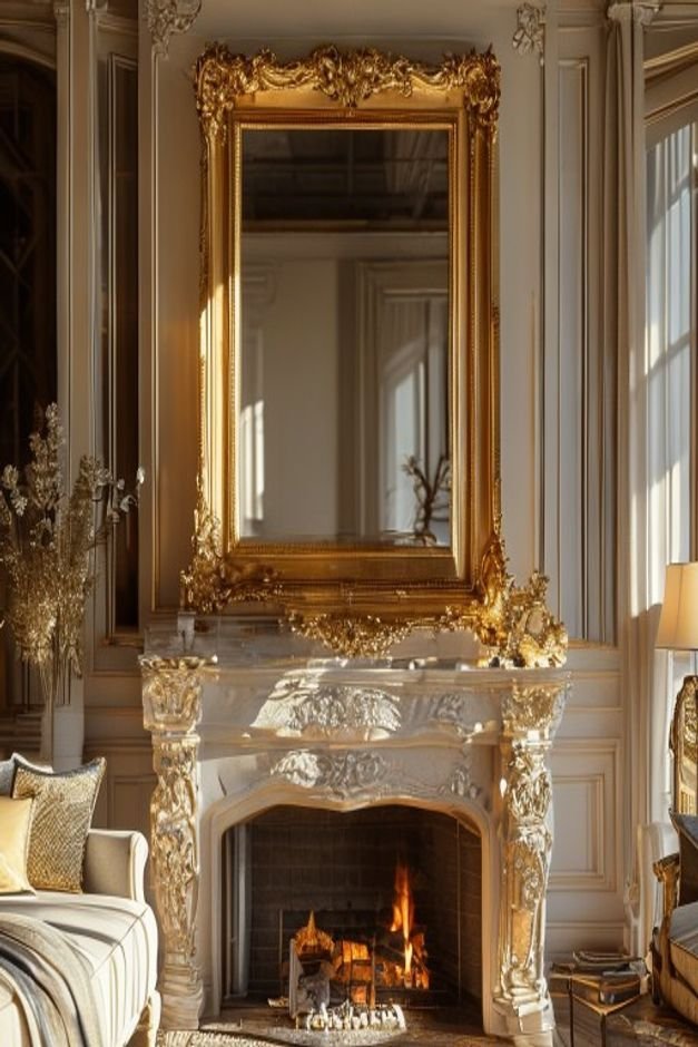 A large ornate gold-framed mirror reflecting a well-lit living space positioned above a fireplace mantel The mirror itse