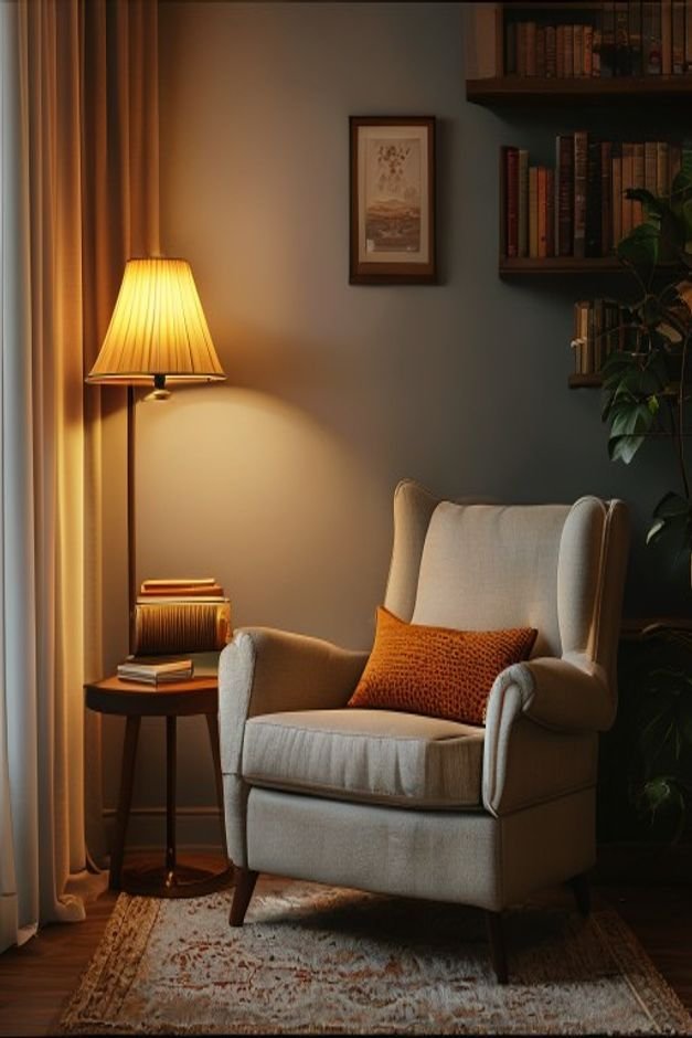 A cozy reading nook featuring a comfortable armchair a floor lamp with a warm glow and a small side table holding a book