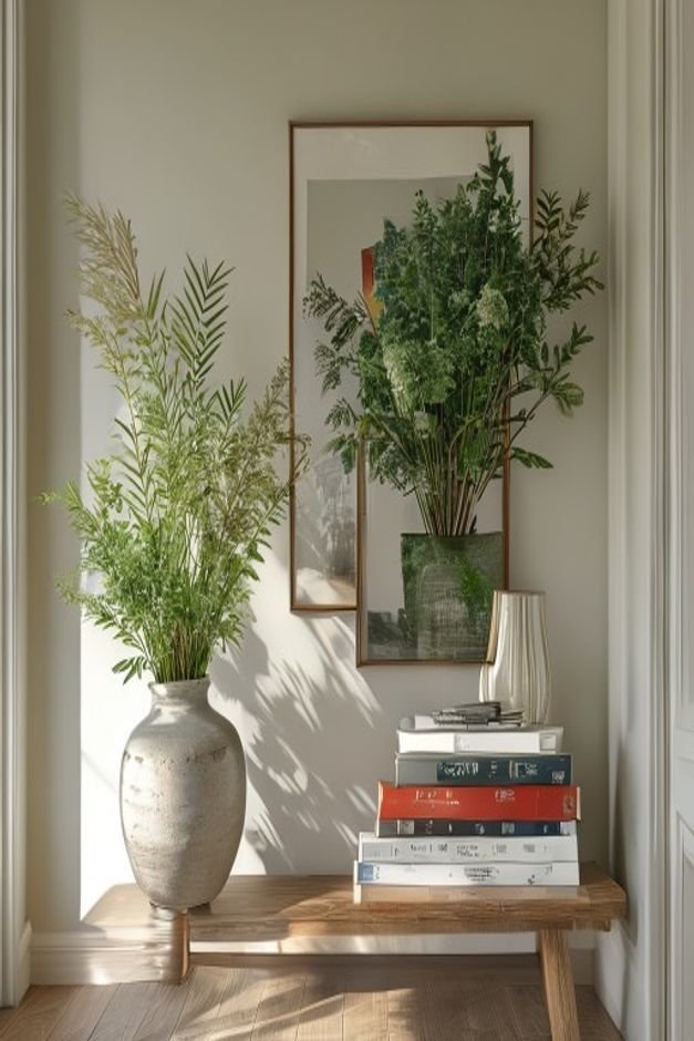 A perfectly styled console table in an entryway featuring a tall vase with fresh greenery a stack of design books and a