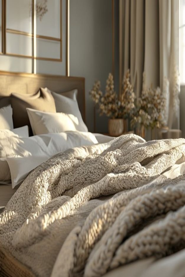 A close-up shot of a layered bed in a serene bedroom showcasing a mix of linen bedding a chunky knit throw and decorativ