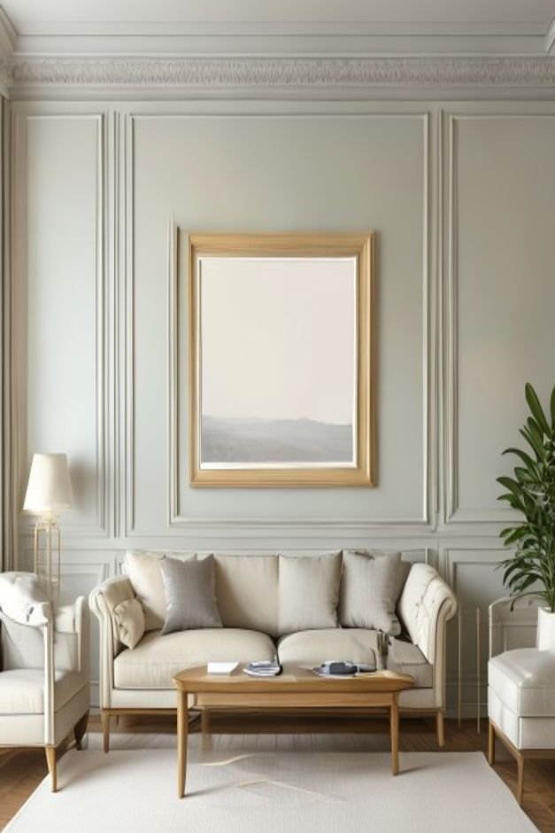 A classic living room wall featuring subtle wainscoting and crown molding painted in a harmonious light color A framed b