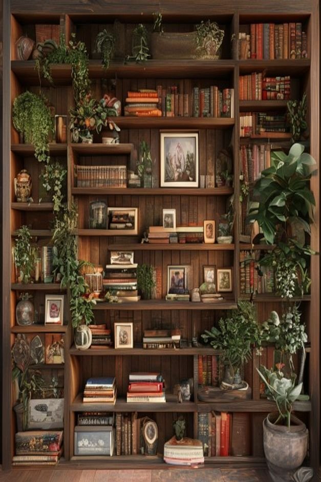A well-organized bookshelf filled with a mix of books decorative objects small plants and framed photos The arrangement
