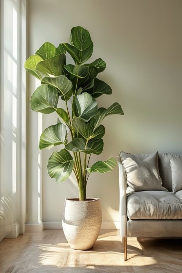 A bright living room corner featuring a large healthy fiddle leaf fig tree in a stylish planter positioned next to a win