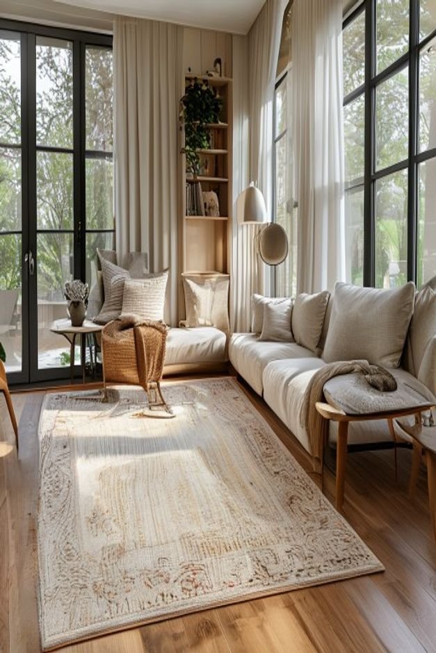 Editorial home photo for The Right Rug Size and Placement, natural light, realistic styling, no text overlay