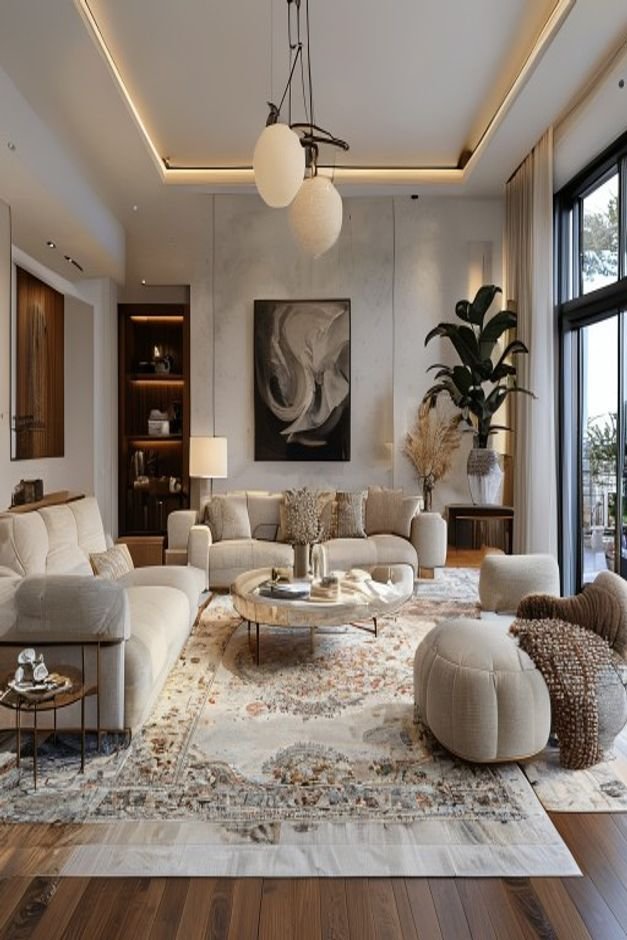 A stylish living room with a large appropriately sized rug anchoring the furniture A wide shot showing a well-proportion