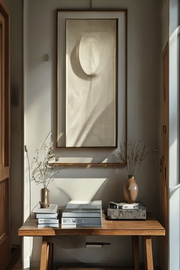A close-up shot of a perfectly hung piece of artwork above a console table in a hallway The center of the art is at eye