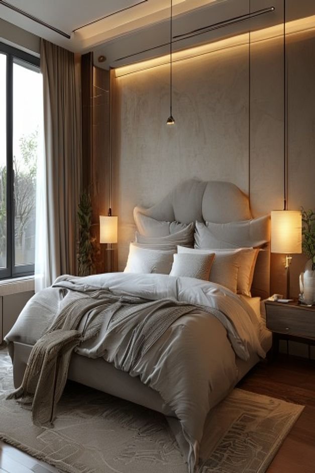 A cozy bedroom featuring a striking headboard as the clear focal point The bed is dressed with layered linens and the su
