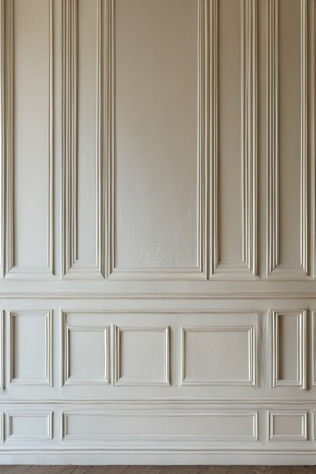 A close-up of a wall with subtle elegant wainscoting or textured wallpaper providing depth and interest beyond just a fl