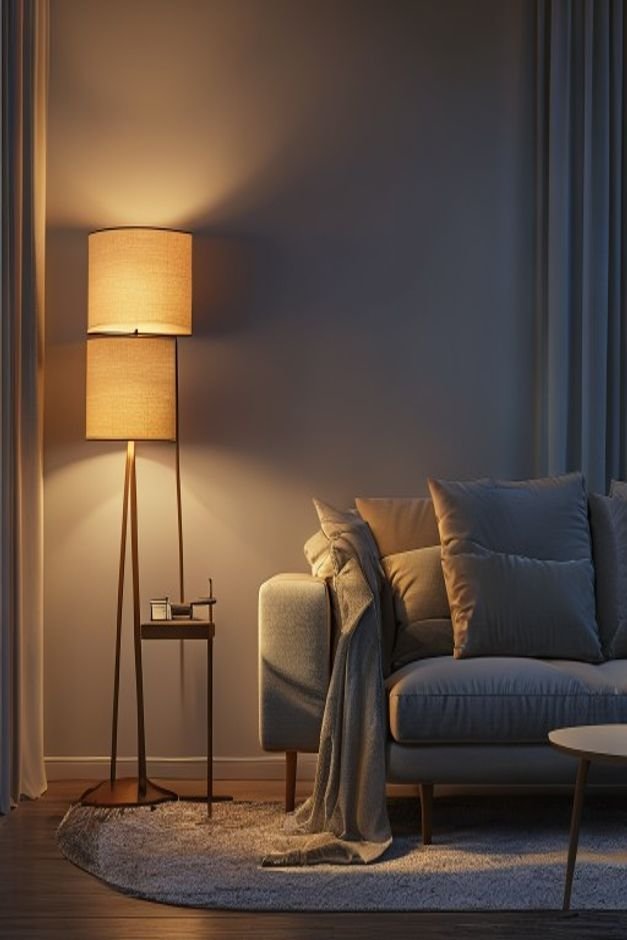 A modern living room at dusk showcasing layered lighting A floor lamp provides ambient light a table lamp offers task li