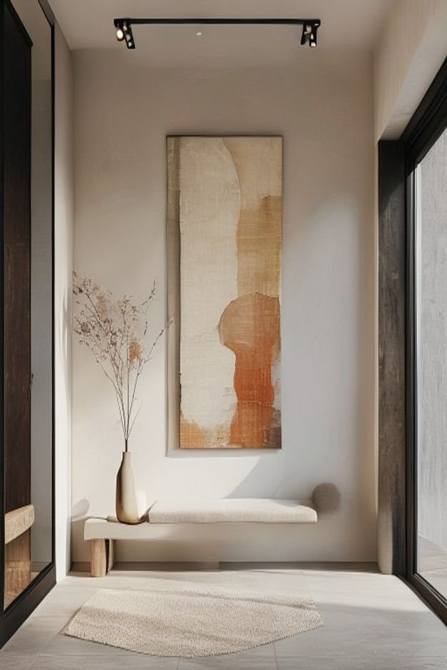 A minimalist entryway with a single striking piece of abstract art on a large empty wall A simple bench and a small scul