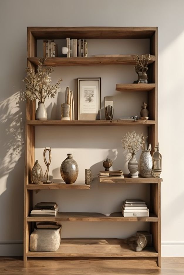 A meticulously styled bookshelf or console table with only a few thoughtfully chosen decorative objects such as a cerami