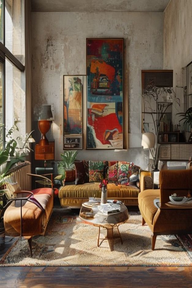 An eclectic living room that expertly blends vintage mid-century modern furniture with contemporary art and a few global