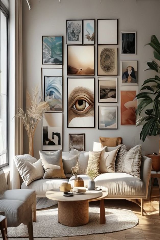 A close-up eye-level shot of a thoughtfully arranged gallery wall in a contemporary living room It features a mix of fra
