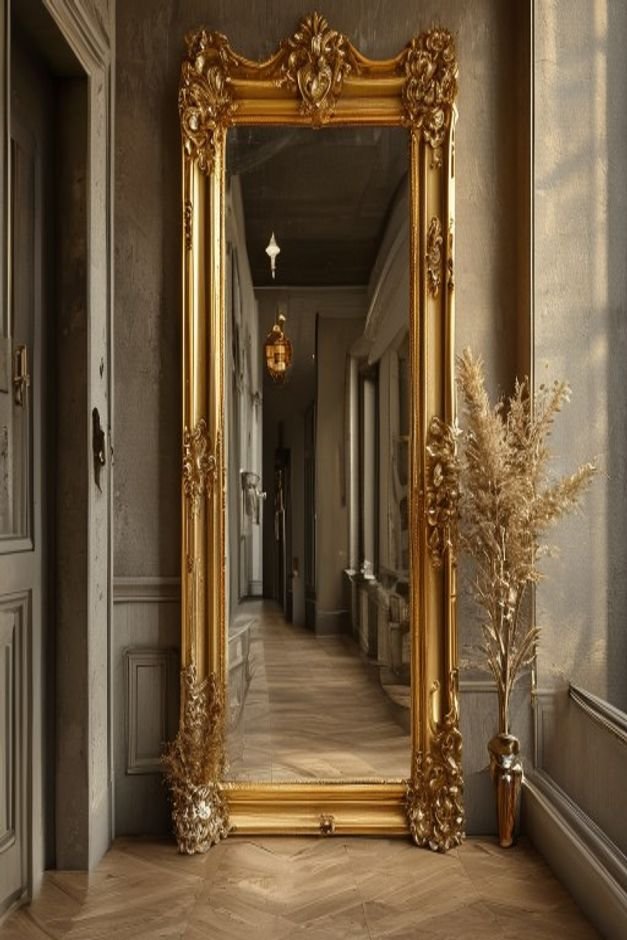 A wide shot of a small entryway or hallway visually expanded by a large ornate gold-framed mirror leaning against a wall