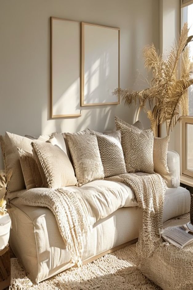 A cozy living room corner featuring a neutral linen sofa adorned with an assortment of textured throw pillows in varying