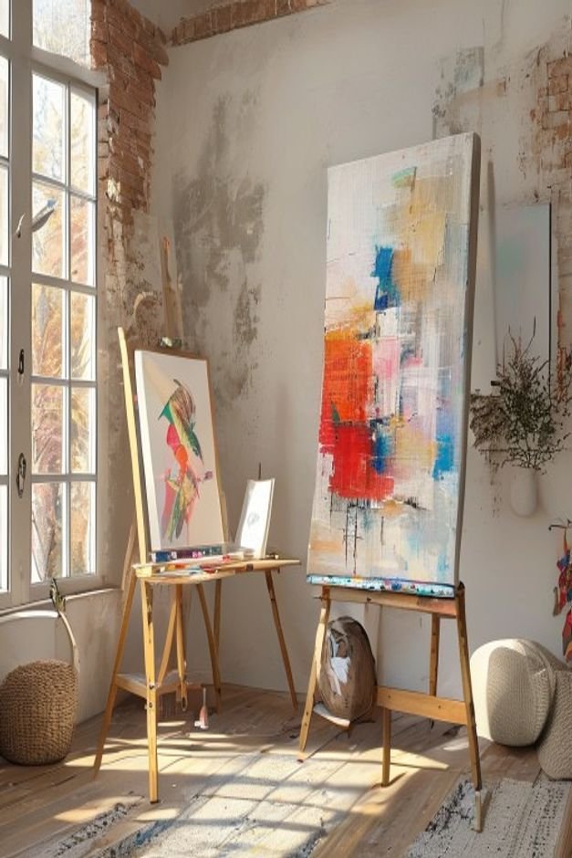 A bright airy home studio or craft space with a partially finished abstract painting on an easel Nearby a collection of
