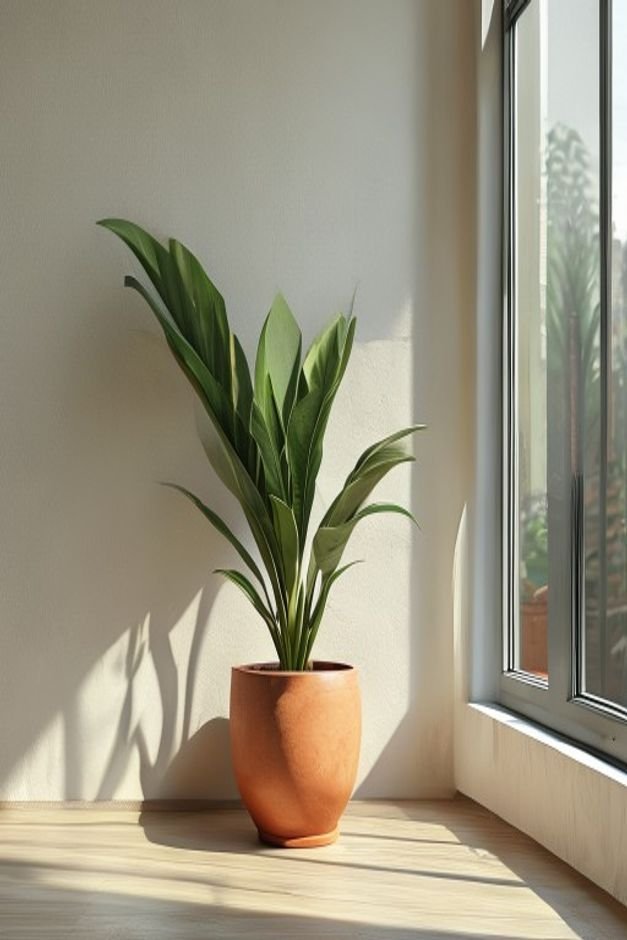 A corner of a minimalist living room showcasing a large healthy potted snake plant in a terracotta pot next to a window