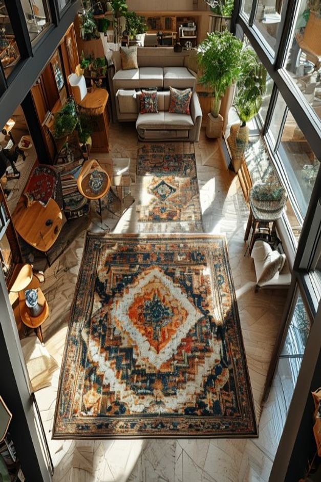 An overhead shot looking down into an open-plan living and dining area A large geometric patterned area rug clearly defi