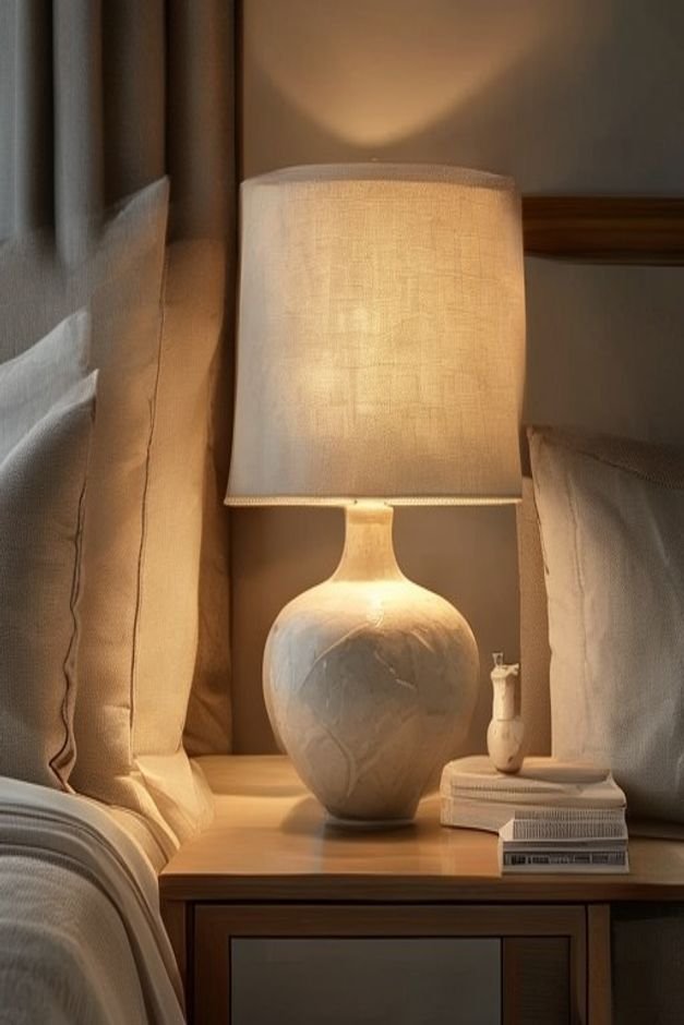 A stylish bedside table featuring a unique sculptural ceramic table lamp with a linen shade casting a soft warm glow A s