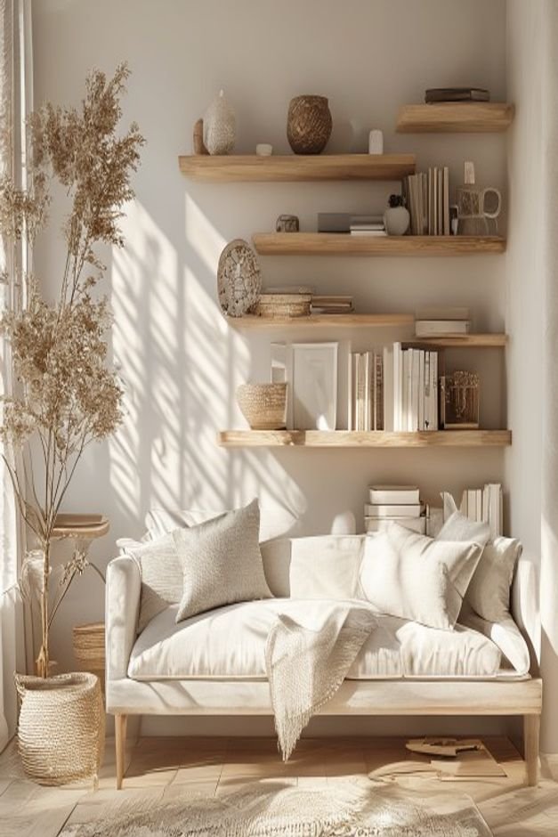 Editorial home photo for Curate Your Shelves and Surfaces, natural light, realistic styling, no text overlay
