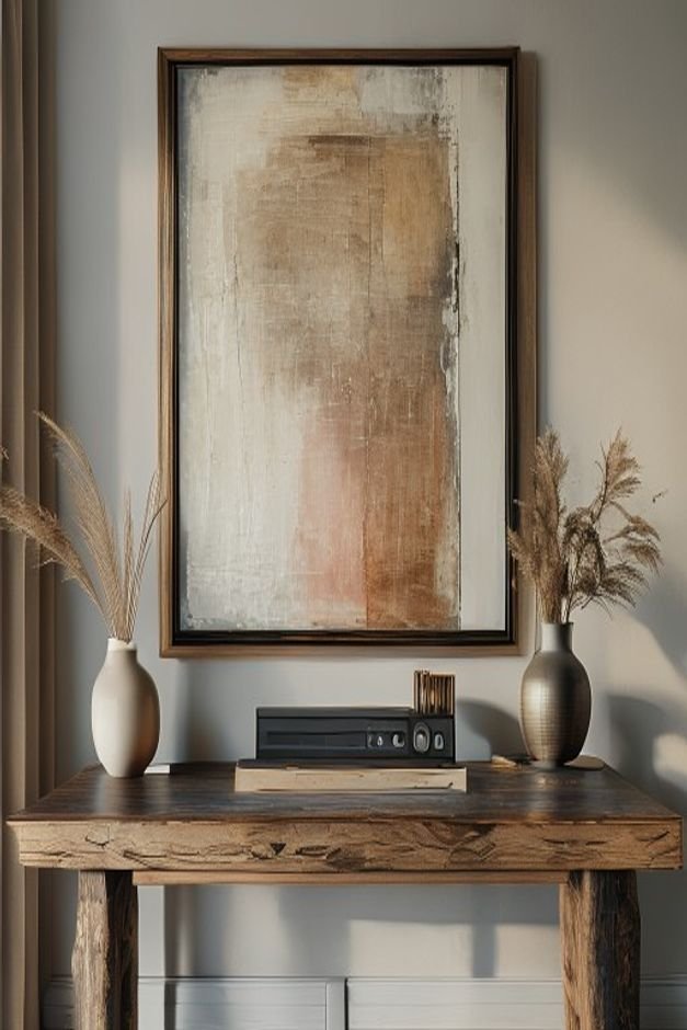 A close-up shot of a well-proportioned console table against a wall featuring a large piece of art centered above it fla