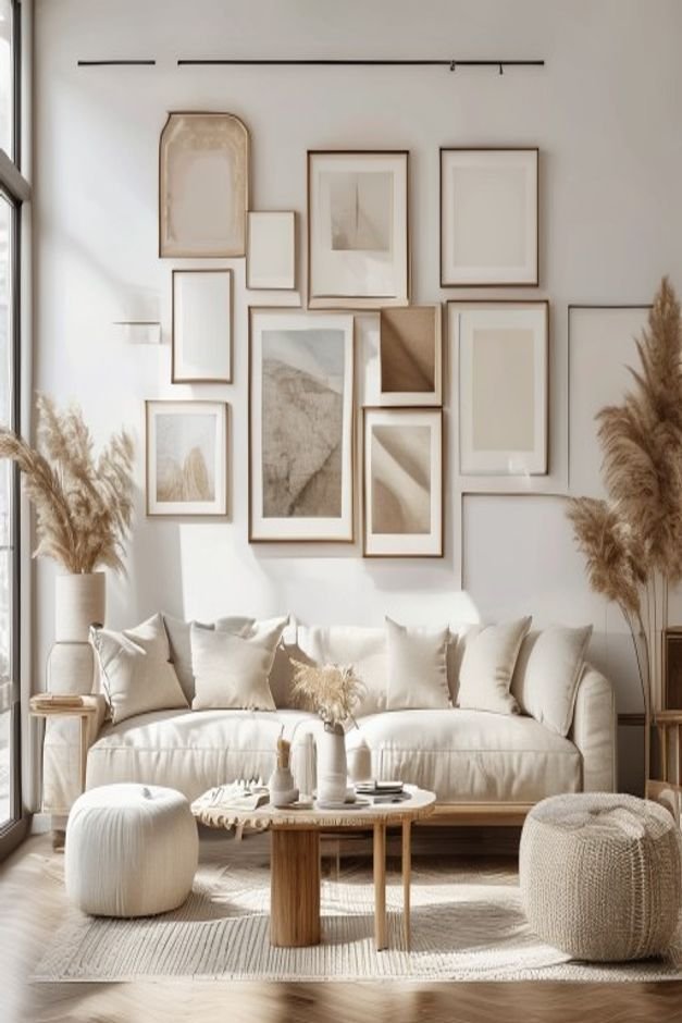 A perfectly curated gallery wall in a minimalist living room The art pieces vary in size and frame type but are arranged