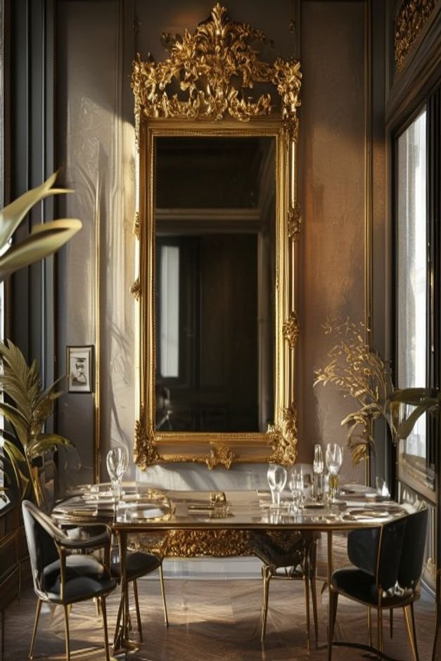 A large ornate gold-framed mirror reflecting a well-lit corner of a dining room making the space appear larger and brigh