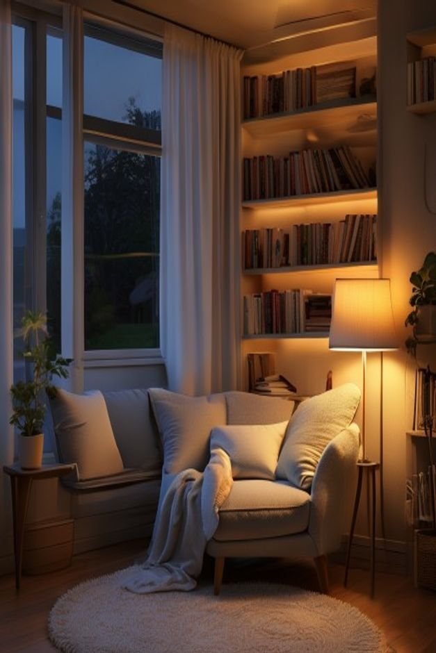 A cozy reading nook at dusk illuminated by three layers of light a soft overhead pendant a task-oriented floor lamp with
