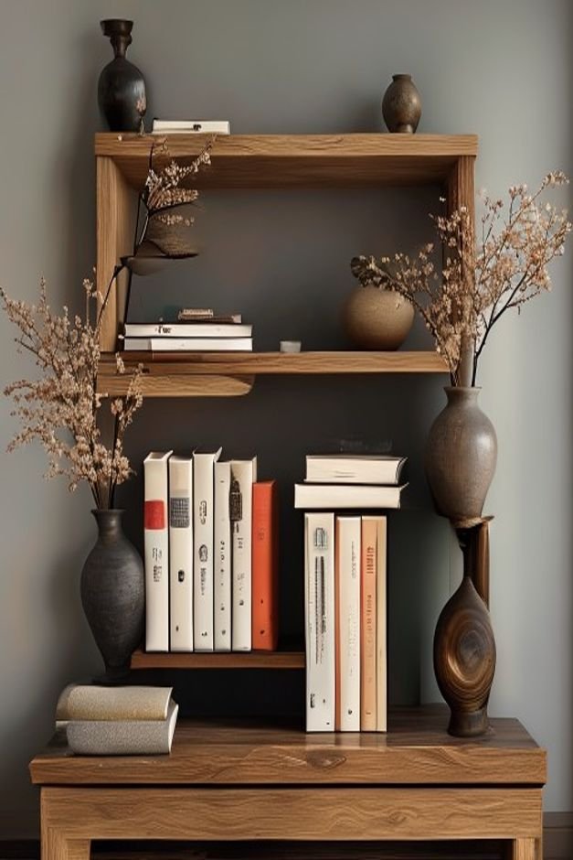 A styled bookshelf or credenza featuring a carefully arranged vignette of three to five objects a stack of books a small
