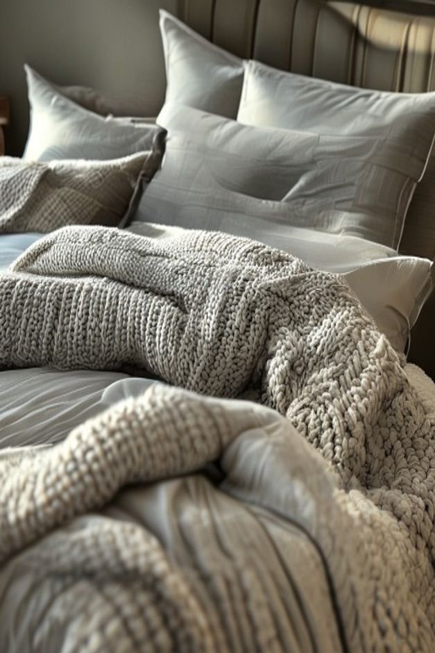 A close-up of a bed with layered textiles a linen duvet a chunky knit throw and several decorative pillows with differen