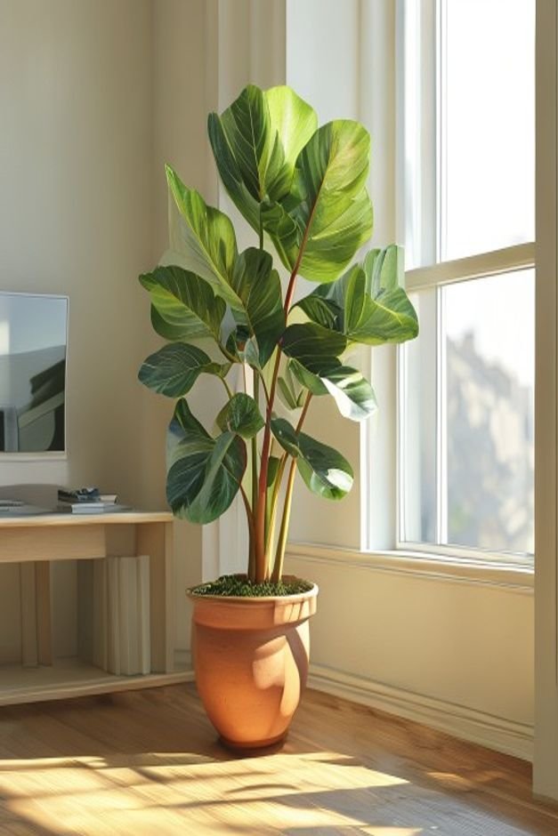 A bright airy corner of a home office with a large healthy fiddle-leaf fig plant in a terracotta pot near a window A sma