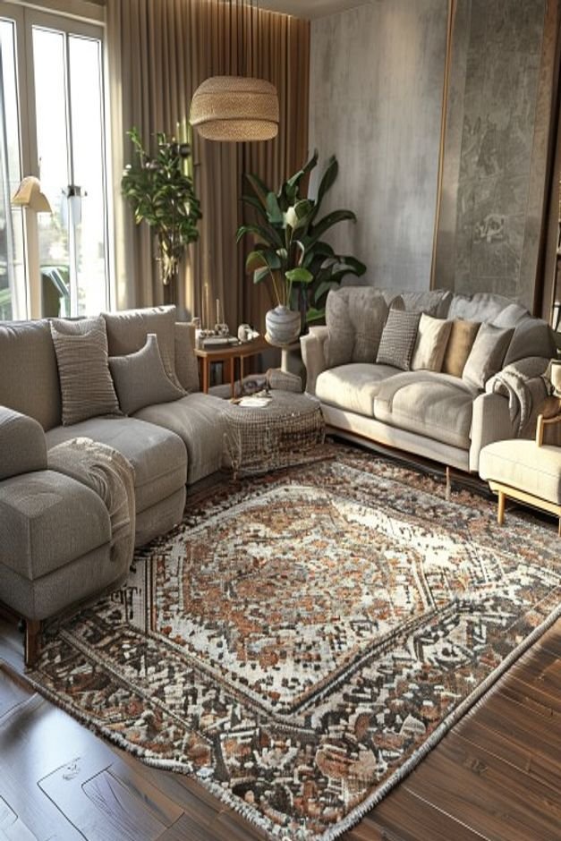 A wide shot of a living room area defined by a large textured area rug that grounds the furniture arrangement The rug s