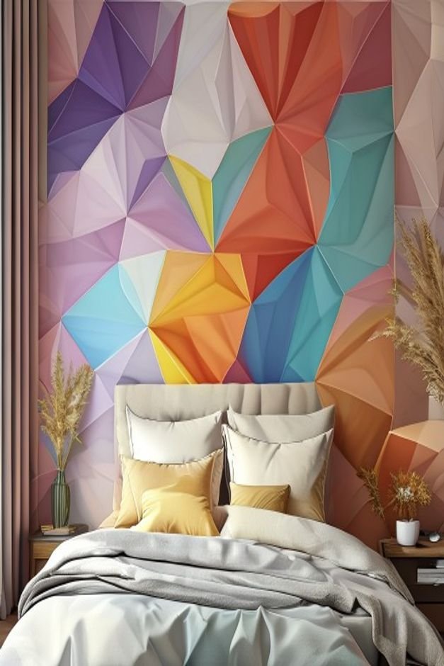 A close-up shot of a wall in a stylish apartment bedroom featuring a vibrant geometric peel-and-stick wallpaper accent w