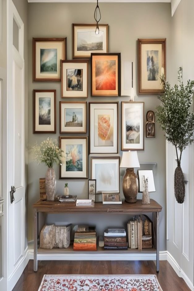 A well-composed gallery wall above a console table in an entryway featuring a mix of framed art and photographs of vario