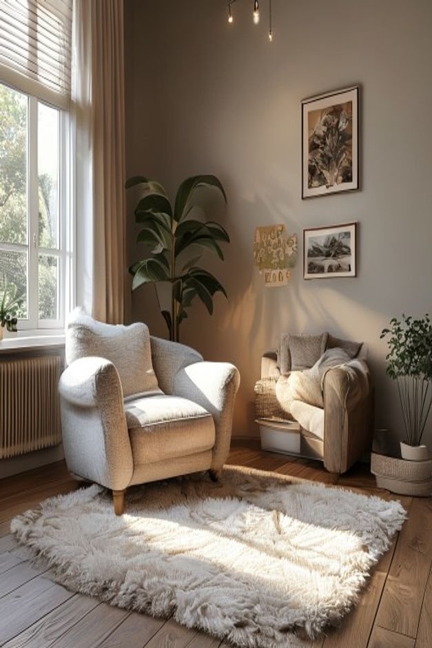 A cozy living room corner featuring a plush armchair and a large soft area rug The rug defines the seating area layered