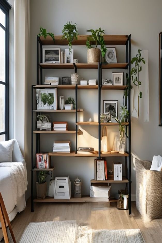 An organized and aesthetically pleasing freestanding metal shelving unit in a compact home office The shelves hold a mix
