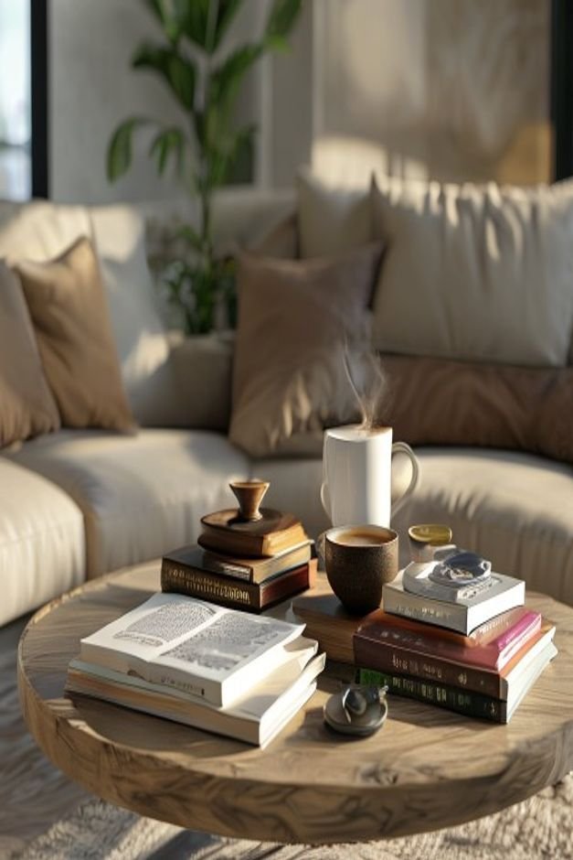 A close-up of a perfectly styled coffee table vignette in a contemporary living room A selection of coffee table books a