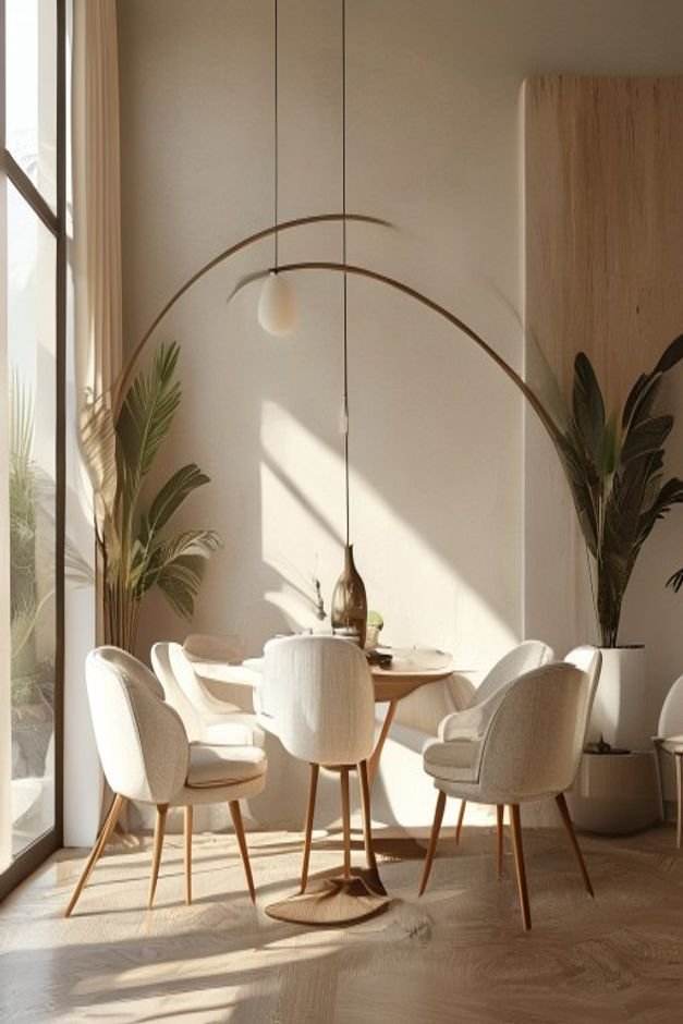 A bright airy dining area with a round dining table and four chairs A large dramatic floor lamp with an arc arm extends