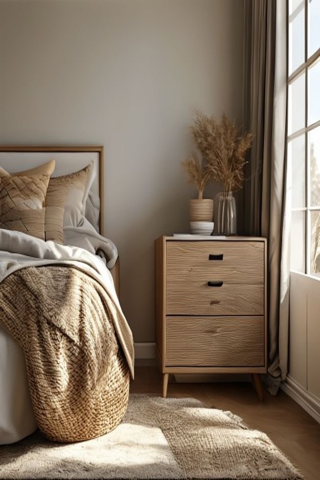 A stylish bedroom corner showcasing a large woven basket filled with soft throw blankets next to a sleek modern dresser