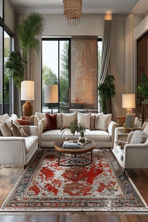 An inviting living room scene with a large textured area rug perfectly centered under a sofa and armchairs defining the