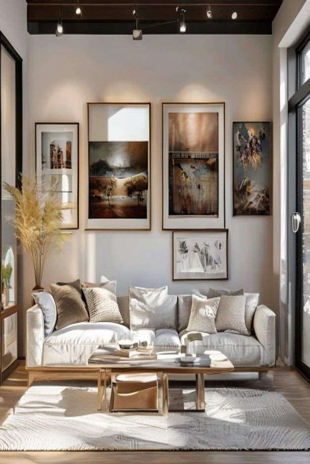 A meticulously curated gallery wall in a contemporary living space featuring a mix of framed art photographs and a small