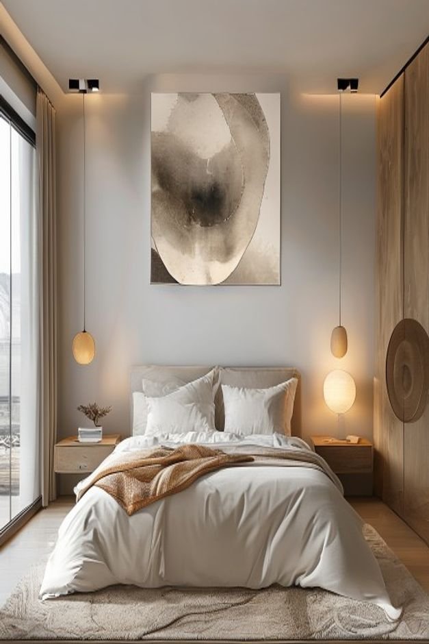 A minimalist bedroom with a single large-scale abstract art piece hanging above the headboard The artwork acts as a stri