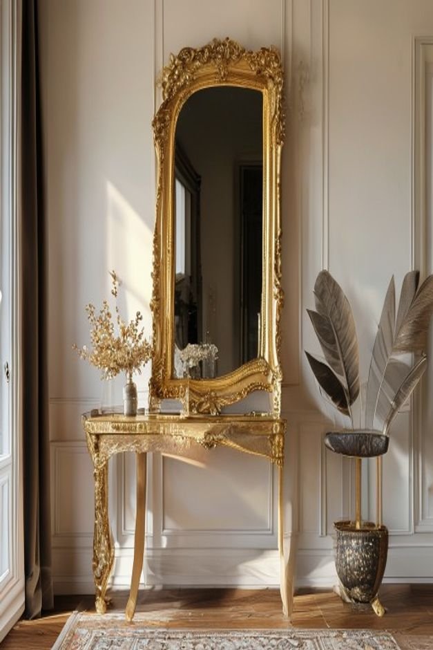 A bright entryway featuring a large ornate gold-framed mirror leaning against a wall above a small console table The mir