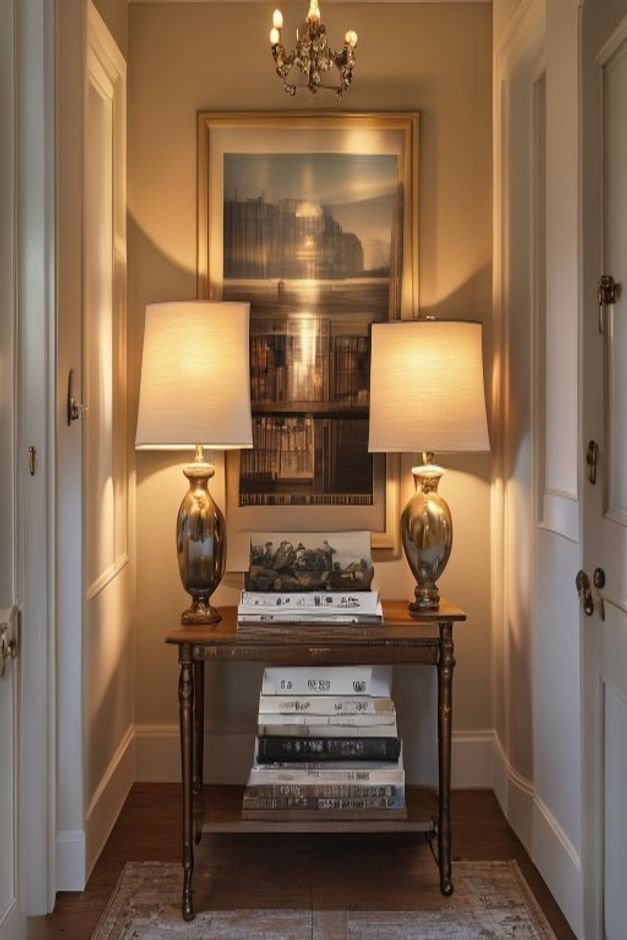 A beautifully styled console table in a hallway featuring a symmetrical arrangement of tall lamps a stack of art books a