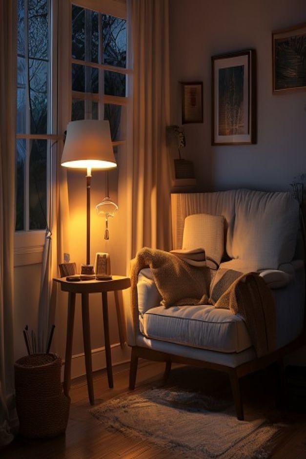 A cozy reading nook at dusk illuminated by a combination of a floor lamp casting a warm glow a table lamp providing task