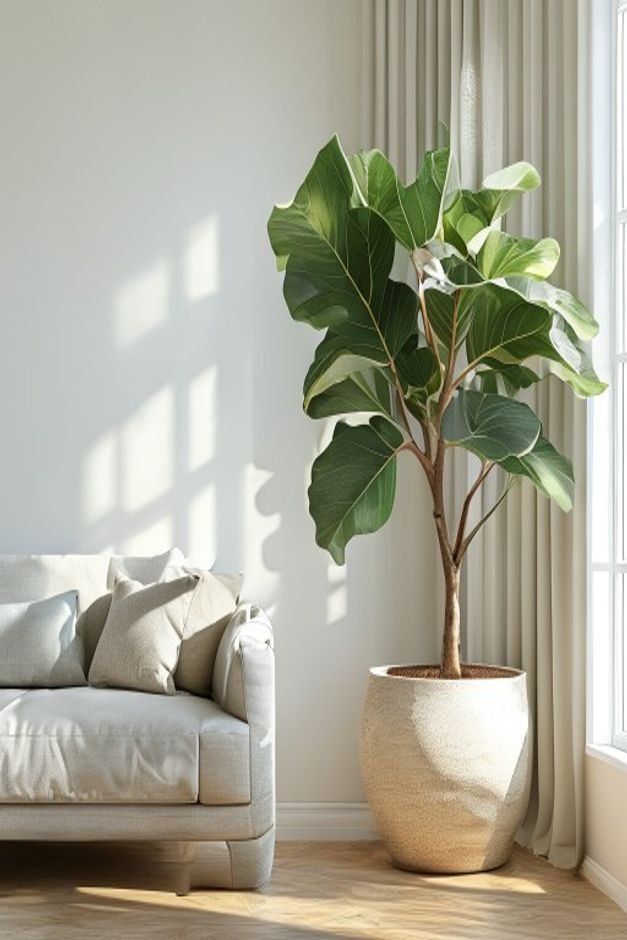 A bright airy living room corner featuring a large healthy fiddle-leaf fig tree in a stylish planter alongside a smaller