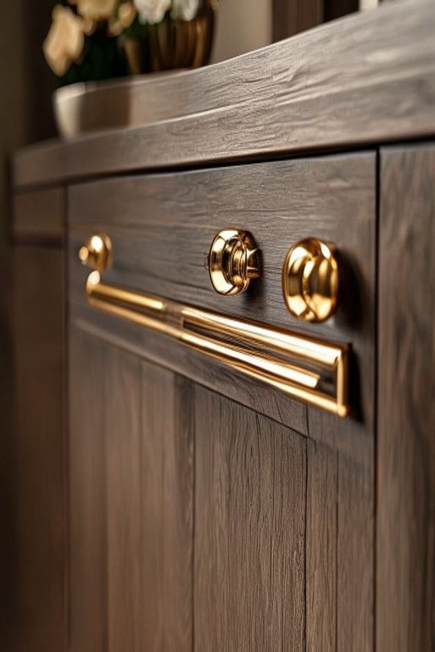 A close-up shot of a built-in cabinet or dresser with elegant contemporary brass pull handles The hardware gleams subtly