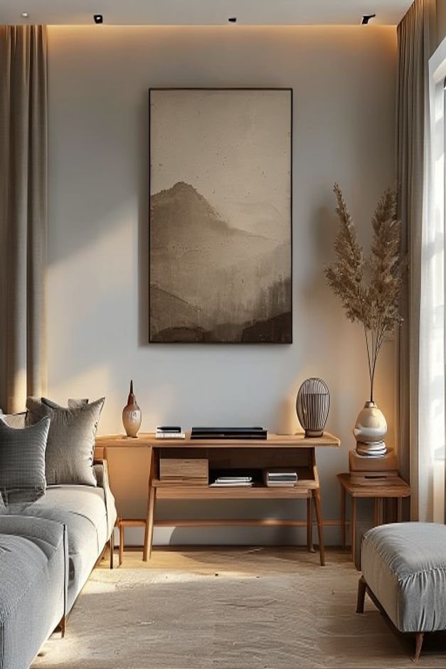 A wide shot of a living room corner featuring a perfectly scaled console table against a wall Above it a large single pi