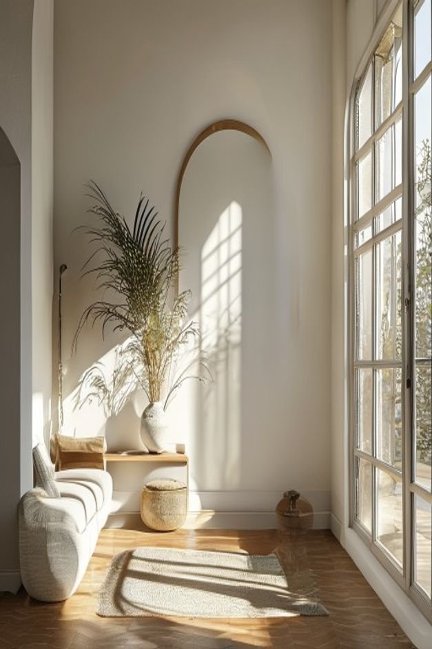 A bright entryway or living room with a large decorative mirror strategically placed on a wall reflecting a window oppos